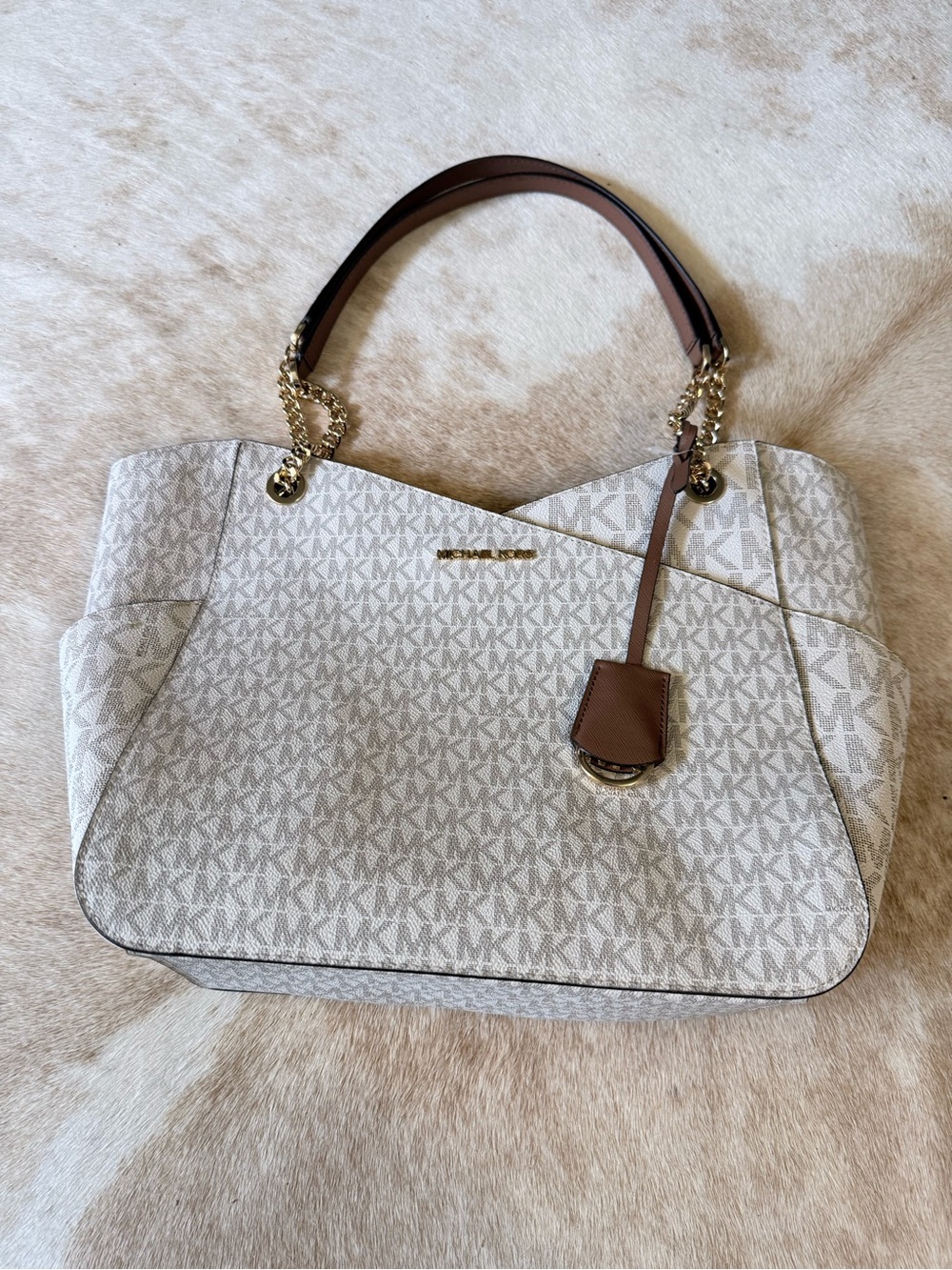 Michael Kors Cream Logo Tote with Brown Leather Trim and Gold Hardware